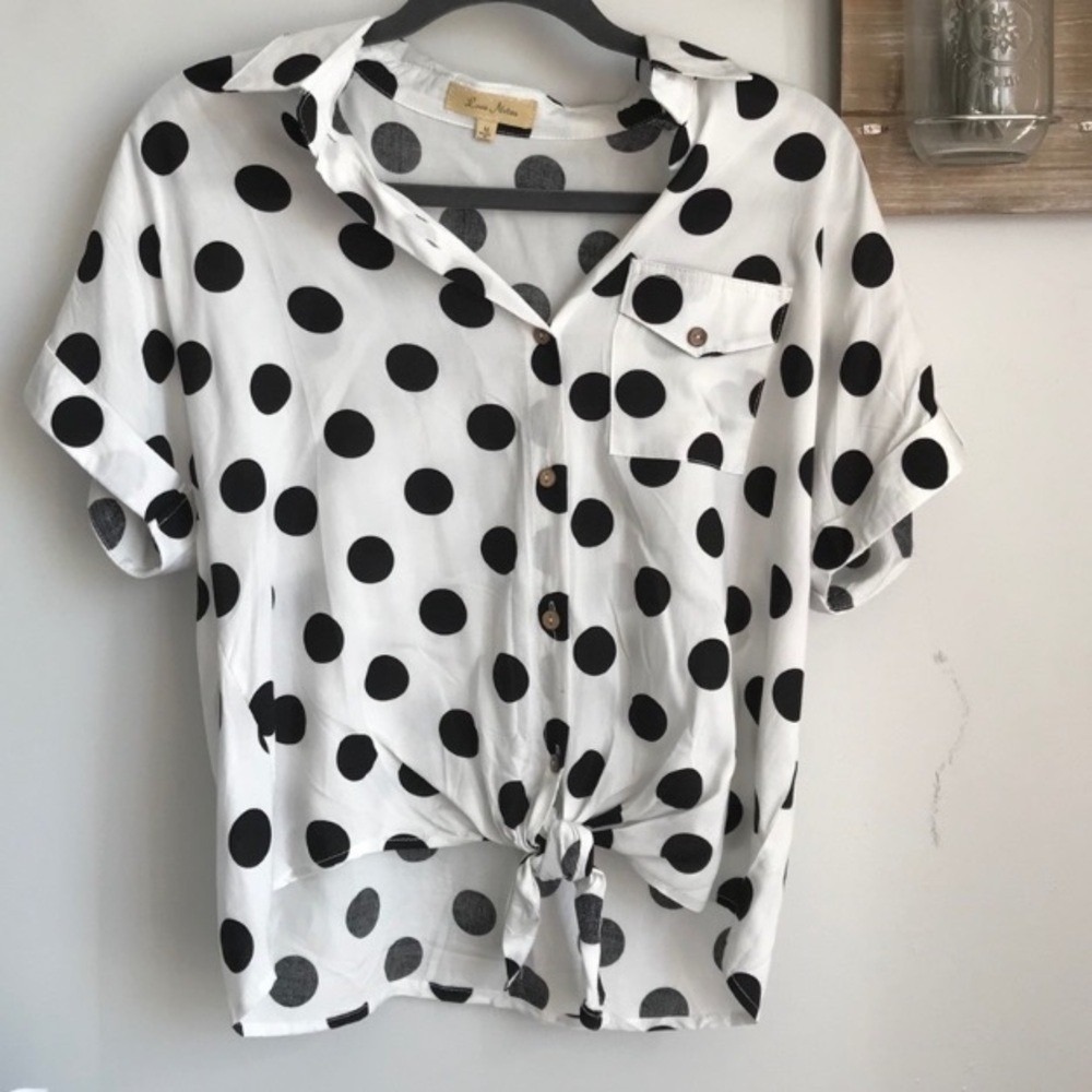Love Notes Polka Dot Tie Front Button Up Blouse size Small lightweight bohemian